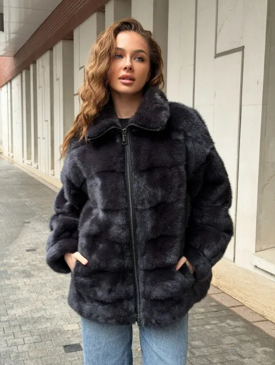 Норковая куртка на молнии - графит - фото 9