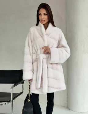 Белая шуба-кимоно, мех норка - фото 9