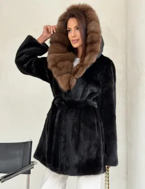 Черная шуба в роспуск с капюшоном соболь - фото 10