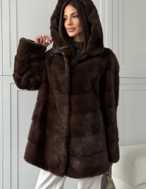 Норковая шуба в стиле «рубашка» с капюшоном - фото 3