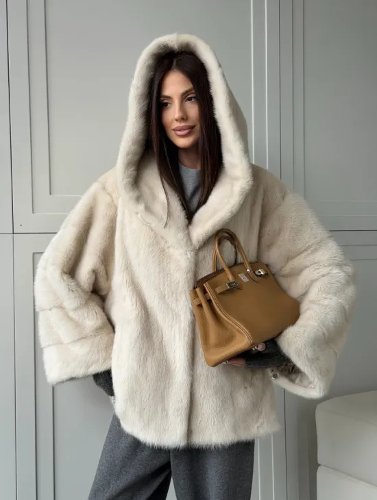 Норковый полушубок с капюшоном кобра - фото 19