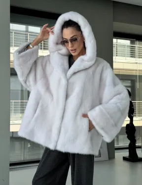 Белый норковый полушубок с капюшоном кобра - фото 16