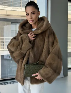 Женский норковый полушубок с капюшоном - фото 0