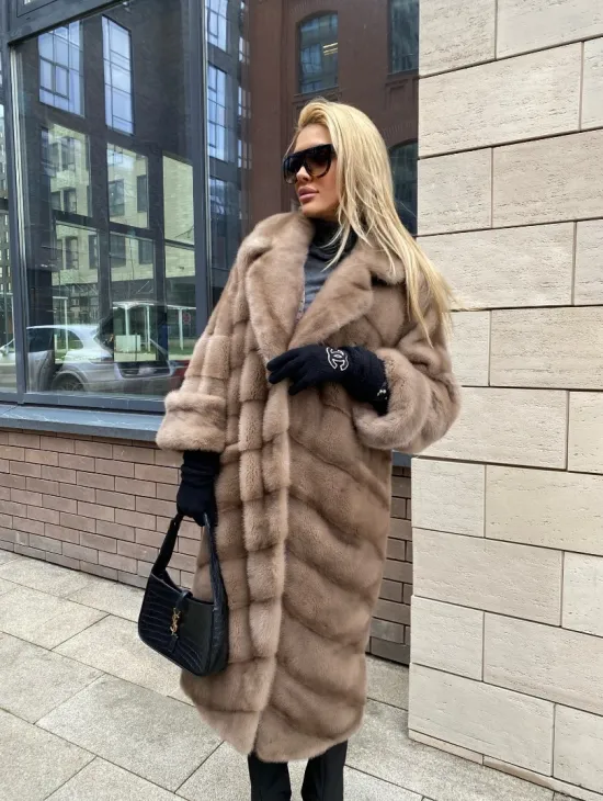 Шуба из датской норки  с английским воротником - цвет палевый - фото 6