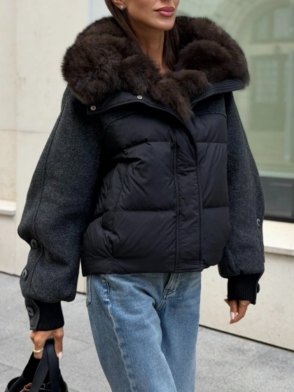 Короткий пуховик на молнии с меховым воротником - фото 6