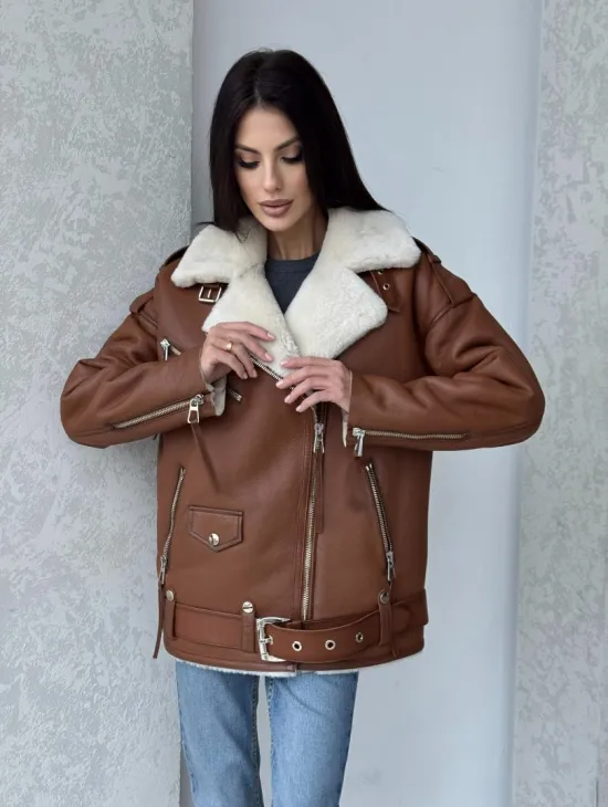 Дубленка авиатор из натуральной кожи в цвете виски - фото 11