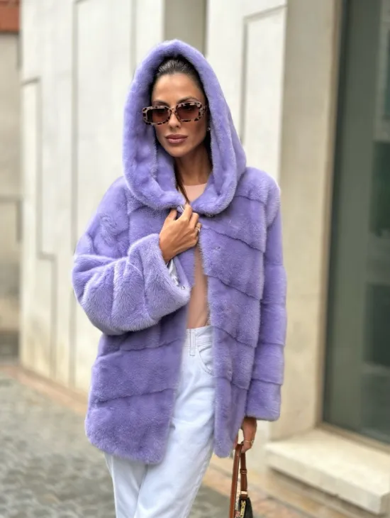 Короткая норковая шуба с капюшоном - цвет лиловый - фото 0