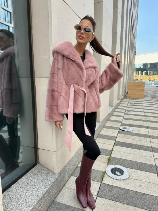 Норковый жакет с капюшоном - цвет розовый фламинго - фото 0