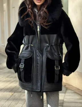 Черная дубленка с капюшоном - фото 1