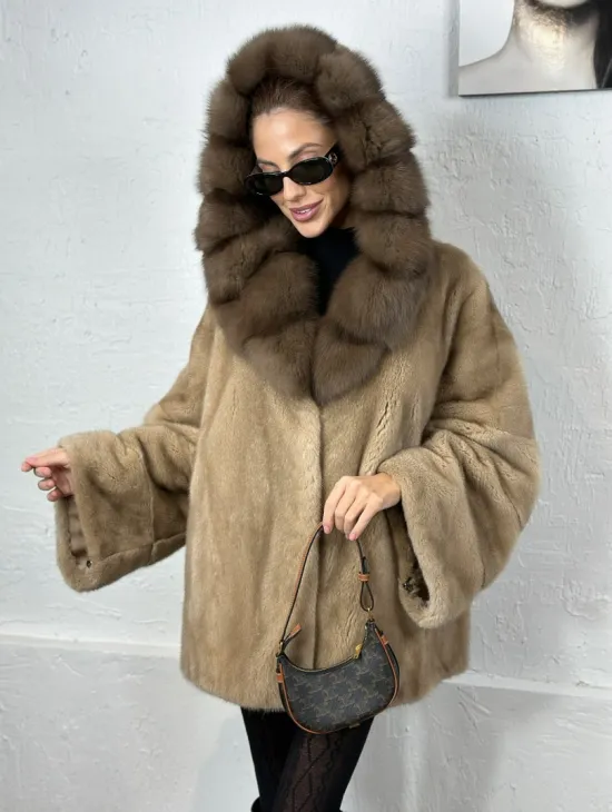 Норка автоледи с капюшоном куница - цвет пастель - фото 2