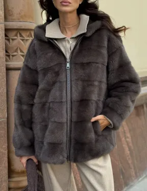 Бомбер из меха норки с капюшоном - цвет мокко - фото 1