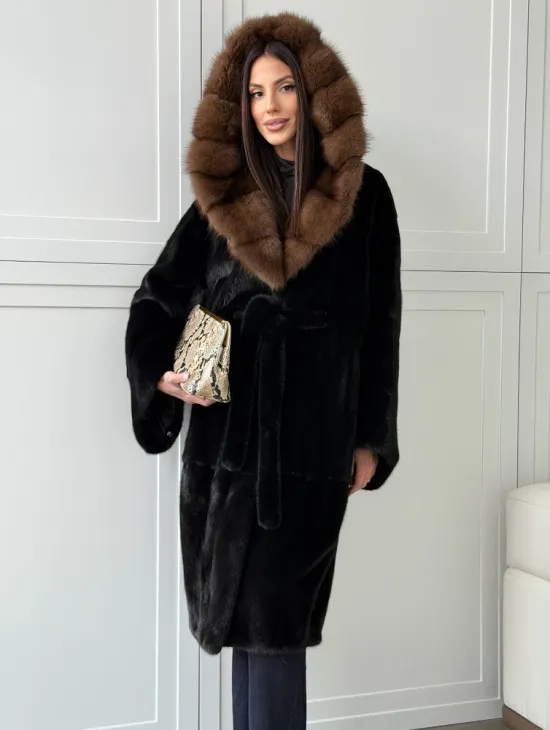 Норковая шуба фасон баллон с капюшоном куница - фото 12
