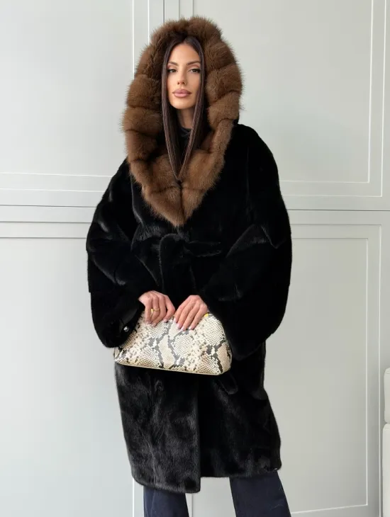 Норковая шуба фасон баллон с капюшоном куница - фото 14