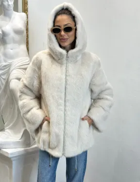 Норковая куртка с капюшоном - цвет ваниль - фото 0