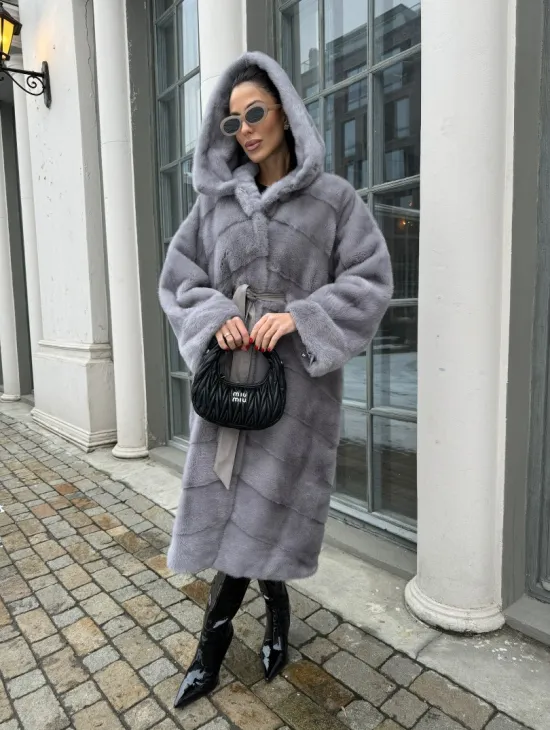 Норка кимоно паркет с капюшоном - цвет серый сапфир - фото 1