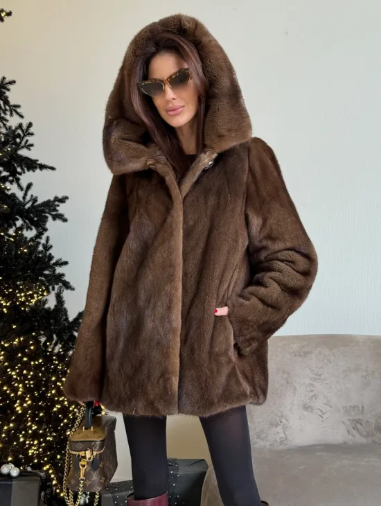 Норка автоледи с капюшоном, роспуск в цвете орех - фото 1