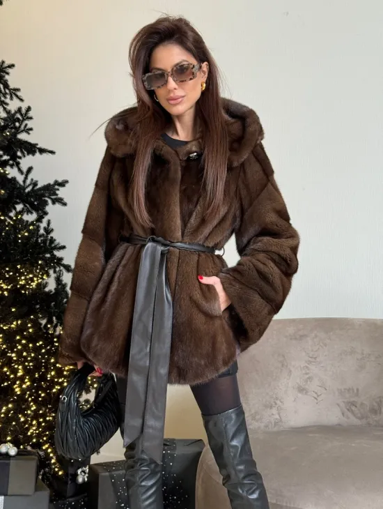 Норковый жакет с капюшоном, роспуск в цвете орех - фото 0