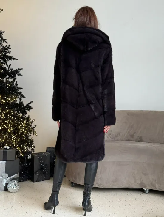 Норковая шуба с капюшоном, паркет - цвет инжир - фото 2