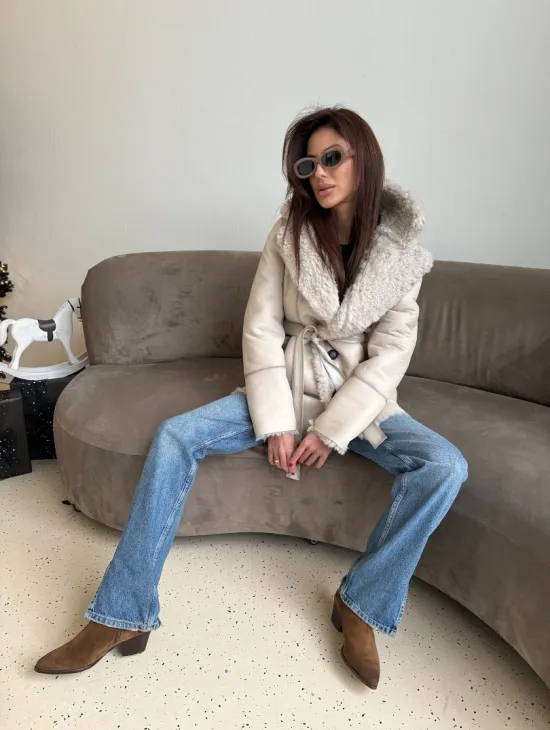 Двусторонняя дублёнка - шуба, мех тиградо английский воротник - фото 4