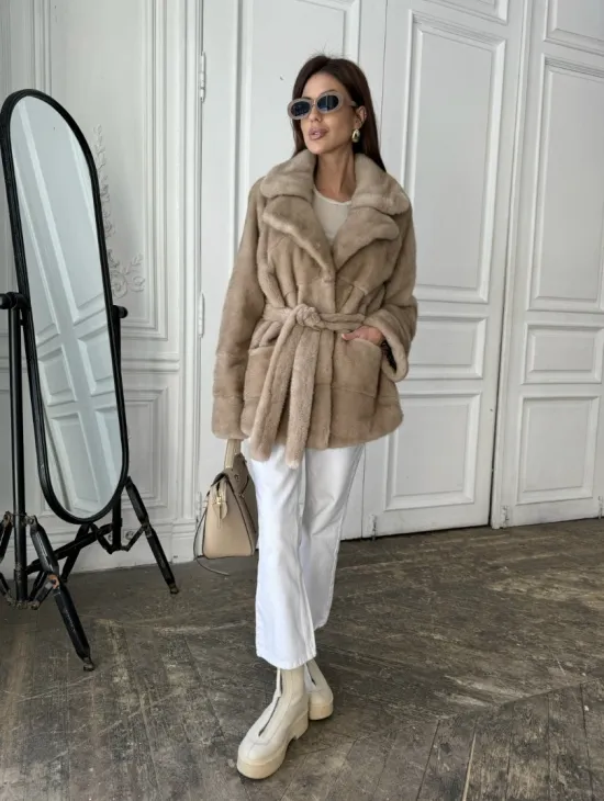 Норковый полушубок английский воротник мех NAFA - цвет пастель - фото 6