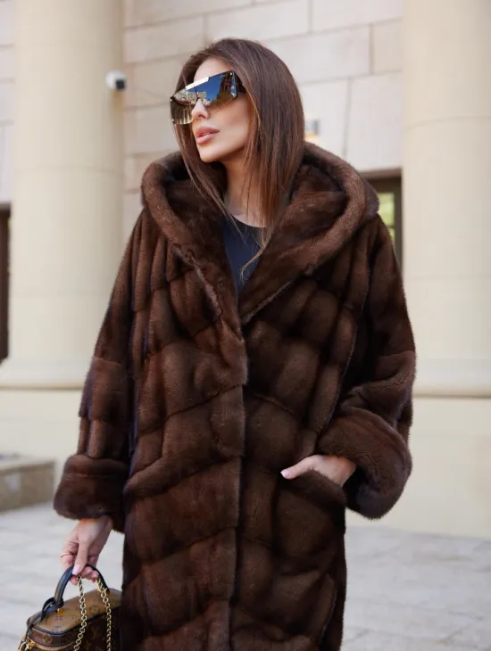 Шуба норковая с капюшоном - цвет соболь - фото 1