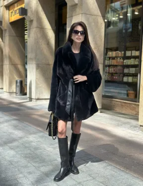 Шуба из плюшевой норки NAFA, роспуск - цвет черный изумруд - фото 5