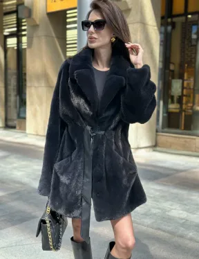 Шуба из плюшевой норки NAFA, роспуск - цвет черный изумруд - фото 0