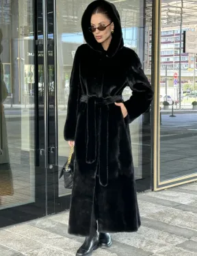 Удлиненная шуба из норки BLACKGLAMA с капюшоном - фото 0