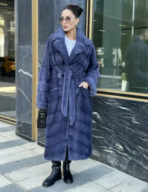 Норковая шуба с английским воротником - цвет джинс - фото 0