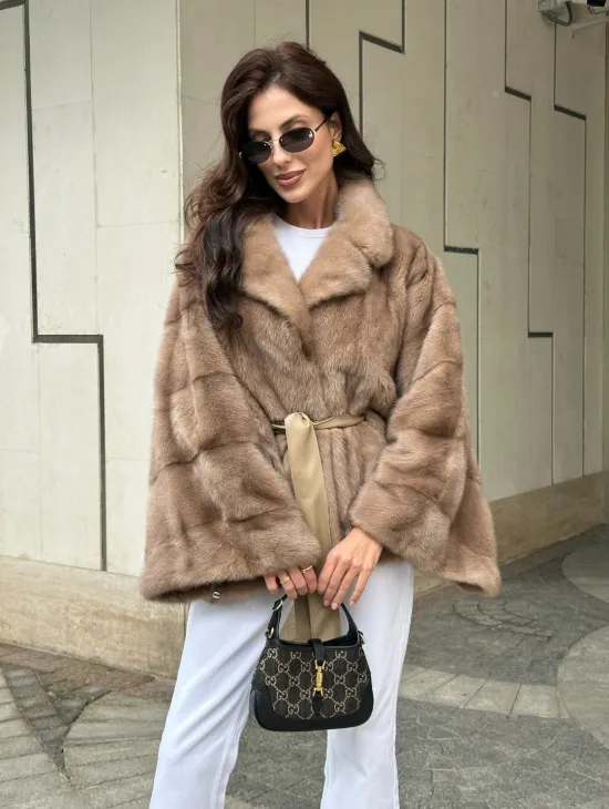 Шуба автоледи из норки цвет бежевый - фото 7