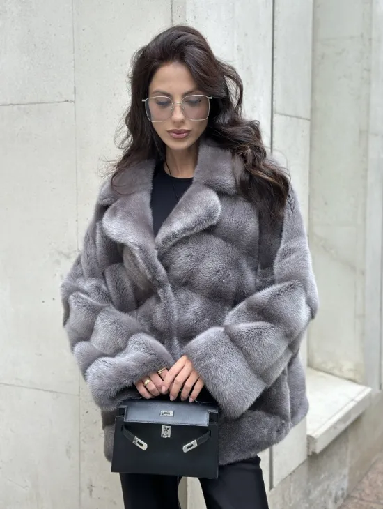 Норковый полушубок с английским воротником - цвет Platinum - фото 3